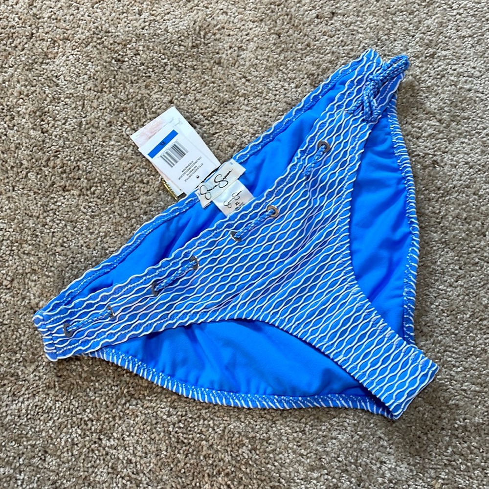 NWT (XL) Jessica Simpson swim bottom sky blue white wave gold grommets brand new